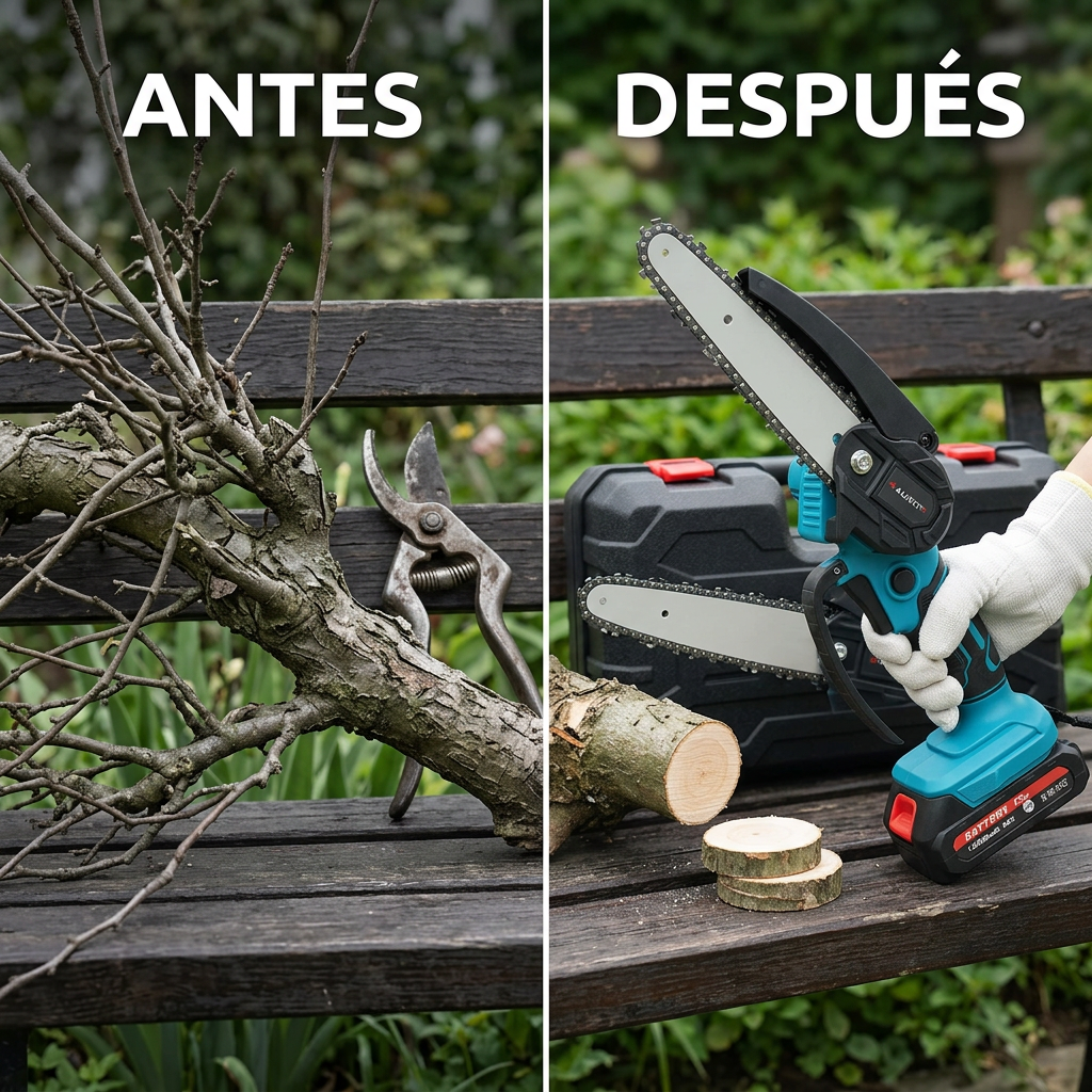 Mujer usando la Motosierra Mini Portátil en su jardín