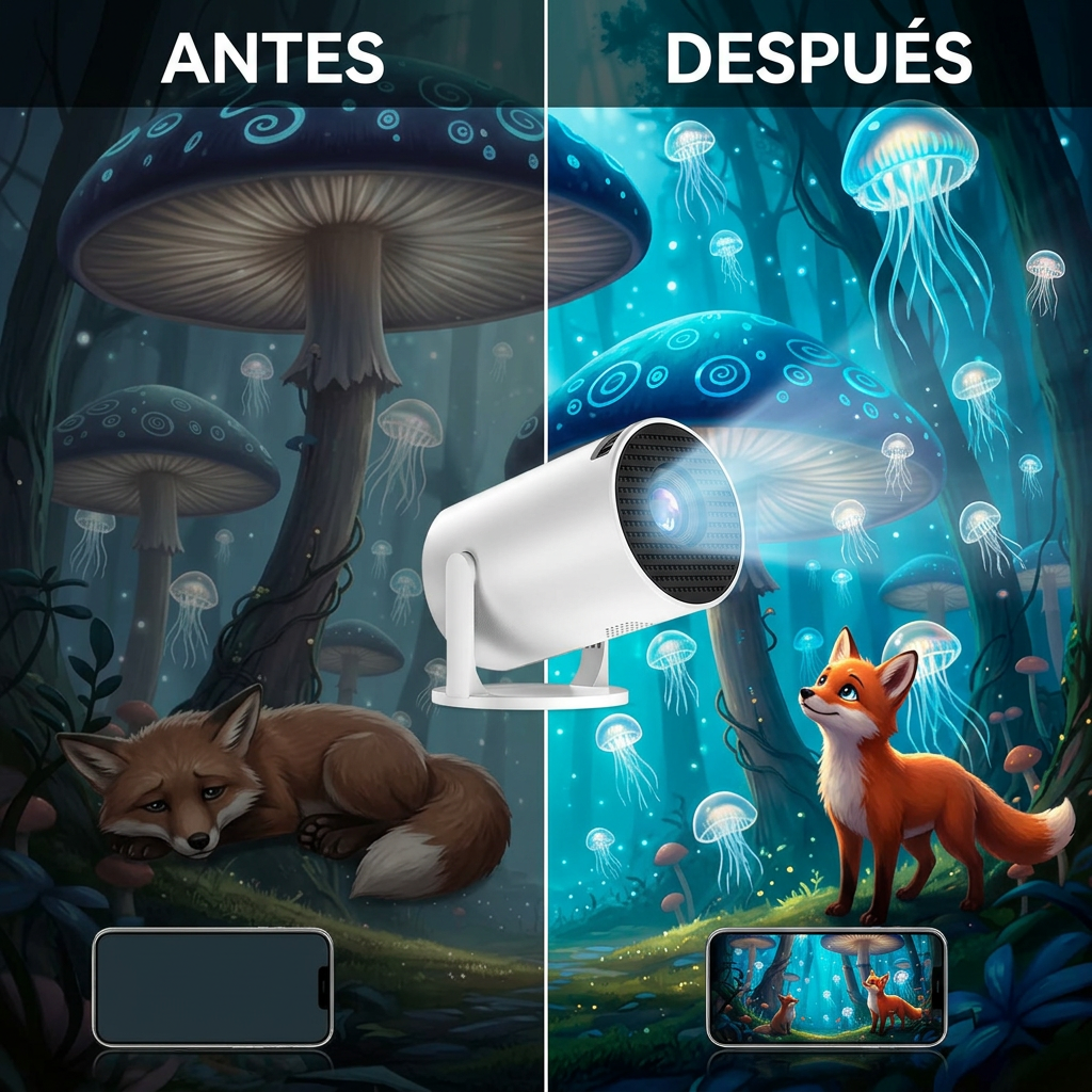 Comparación de una pared vacía y una con el proyector encendido